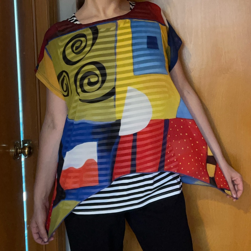 Vintage Feratelli abstract, colorful, sheer top with striped under tank